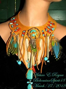 Arturo E. Reyna TRIBAL PRIMITIVO CUERO TURQUESA FIRMADO BABERO/Collar - Imagen 1 de 11