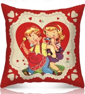 Valentines Day Pillow Cover 18 x 18 Vintage Red Heart Love Throw Pillow Case - Picture 1 of 3