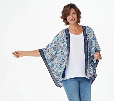 Quacker Factory Printed Open-Front Topper Cardigan Nautical Blue Size Medium NEW - Image 1 of 3