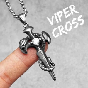 Snake Cross Pendant Men Necklace 316L Stainless Steel Punk Gothic Chain Rock Rap - Picture 1 of 8