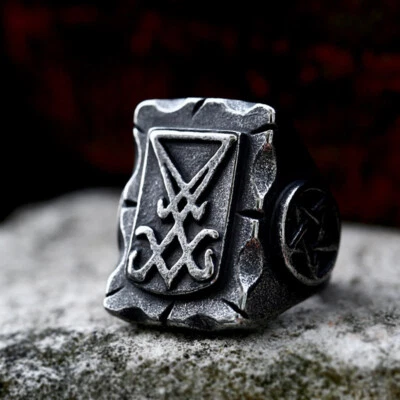 Anillo de sello retro de acero inoxidable para hombre Satanás Lucifer Sigil joyería de motociclista pesada Foto 1 de 4