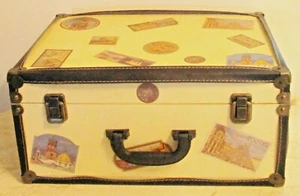 Small Pale Yellow Travel Trunk Decor Storage Multi Country Decals Leather Trim  - Picture 1 of 12