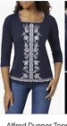 Alfred Dunner Top Womens 1X Navy Floral 3/4 Sleeve Embellished  & Embroiderd Top