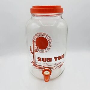 Vintage Glass Sun Tea Jar w Lid and Dispenser Orange Desert Sun Graphics 10.25"