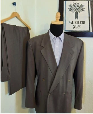 PAL ZILERI 2 Piezas TRAJE DOBLE BOTONADURA EE. UU. ~ 44R / 34x30 100% Lana Oliva Chaqueta Pantalones Foto 1 de 4