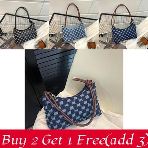 Trendy Fashionable Plaid Denim Tote Bag Large Capacity Canvas Shoulder Bag Women - Picture 1 of 10