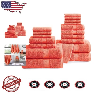 豪华 18 件套纯棉浴巾套装活珊瑚色 - 超吸水性,速干 — 第 1/4 张图片
