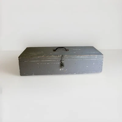Vintage Rustic  Painted Wood Carpenter Tool Storage Box Chest Trunk with Lid - Image 1 of 4