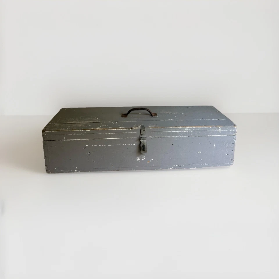 Vintage Rustic  Painted Wood Carpenter Tool Storage Box Chest Trunk with Lid - Image 1 of 4