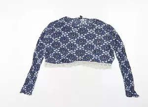 H&M Womens Blue Round Neck Geometric Cotton Pullover Jumper Size M - Picture 1 of 10