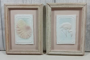 Hand Cast Paper Flamingo Nautilus FIGI Graphics Signed Wess Framed Coastal 6 x 8 - Picture 1 of 5