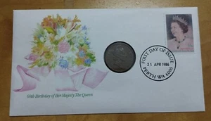 Queen Elizabeth II Australia 1986 Queen's Birthday Stamp & 1986 QE2 2p Coin FDC - Picture 1 of 8