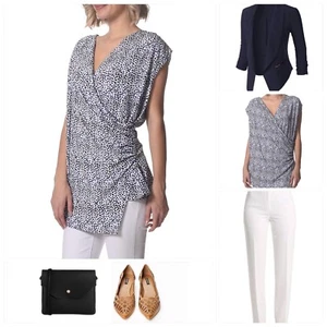 Ladies Blue Print Short Sleeve Cross Over Front Wrap Top Blouse **NEW RRP $59.95 - Picture 1 of 6