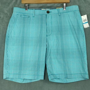 NEW Original Penguin Chino Shorts Men 36 Teal Blue Aqua Check 9" Poly Cotton $79 - Picture 1 of 12