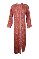Women's Printed Long Tunic Caftan, Indi Boho Kurti, Red Handmade Bohemian Kaftan