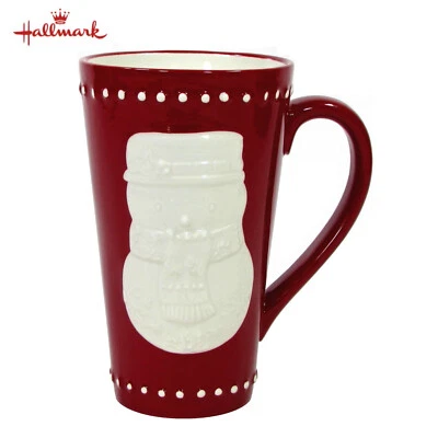 Taza de café con leche Hallmark Snowman 16 oz alta con cuentas en relieve puntos rojos blancos como nueva Foto 1 de 4