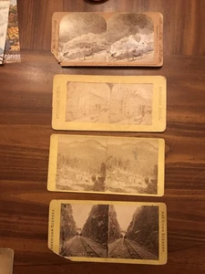 4 STEREO VIEW CARDS WITH TRAIN AND TROLLEY SCENES - Picture 1 of 7