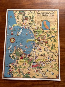 1937 PICTORIAL CARTOGRAPH OF MONTEREY BAY BY RUTH TAYLOR MAP APTOS SANTA CRUZ CA - Picture 1 of 3