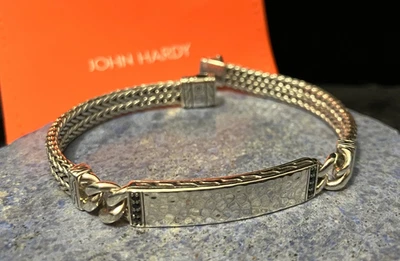 💕JOHN HARDY .925 Silver Hammered  ID Bracelet Black Sapphire &Spinel Sz. M-NWOT - Image 1 of 4