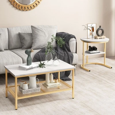 Set of 2 Coffee Nesting Table Set Detachable 2-Tier Sofa Side Table Faux Marble - Image 1 of 4