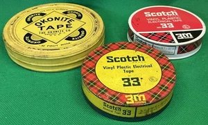 LOT of 3 Vintage SCOTCH 33 & OKONITE Brand Electrical Tape Tins .75” Rubber Thk. - Picture 1 of 4