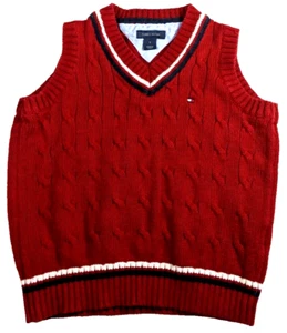 Tommy Hilfiger Jungen Zopfmuster Pullover Weste Burgunderrot Preppy Flag 90er Gr. 5 - Bild 1 von 7