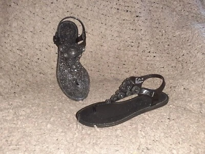 COACH-Thong JELLY SANDAL Tea Rose T-STRAP Flat-BLACK /GLITTER-SZ 7-Near Mint - Imagem 1 de 4