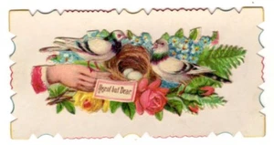 Vintage Beautiful Victorian Hidden name card Absent but Dear Love birds nest - Picture 1 of 2