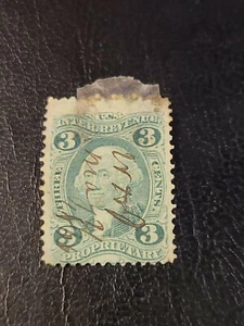 1862-71 3c US Internal Revenue Proprietary Sc# R18c Used "May 21 1866" -#2124 - Picture 1 of 4