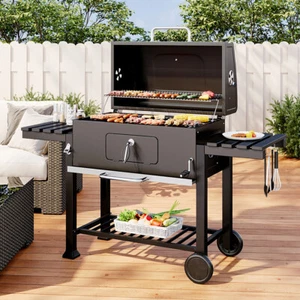 Charcoal BBQ Grill Trolley Smoker Barbecue Wheels Side Rack Temperature Gauge - Picture 1 of 12
