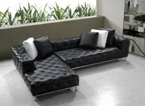 2pc set Chesterfield tufted black PREMIUM ITALIAN Leather Sectional set #672 - Picture 1 of 5