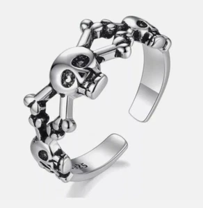 Skull Silver Plated Adjustable Open Band Thumb Rings Women Men Punk Gothic Biker - Picture 1 of 4