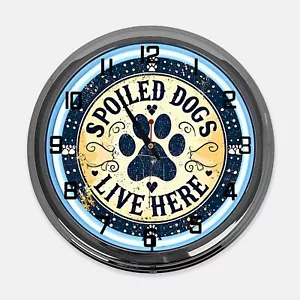 18" Spoiled Dogs Live Here Metal Sign Designed White Neon Clock - Picture 1 of 5