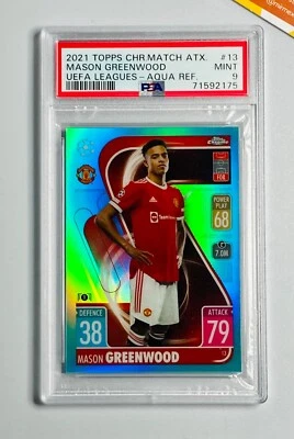 Topps Chrome PSA 9 Mason Greenwood #13 UEFA Aqua Refractor Match Attax /150 - Image 1 of 3