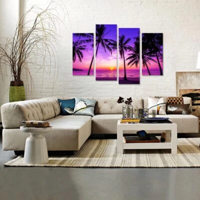 Tropical Palm Trees Sunset Ocean Beach Sunrise 4 Piece Panel Canvas Wall Art - Image 1 of 3