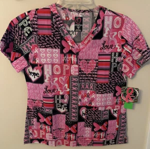 Peaches Uniforms Scrub Top Breast Cancer Awareness Hope Love Women’s Sz Small - Picture 1 of 10
