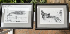 Vintage Original Ink Drawings Framed Pair | Artist Signed | Nautical Coastal Art - Picture 1 of 10