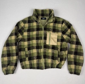Cider Zip Sherpa Fleece Jacket Lined Plaid Green Womens Size Small - Picture 1 of 6