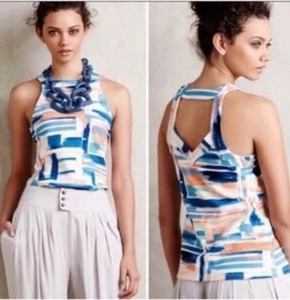 Deletta Anthropologie Tropical Top blau Batik geometrischer Strick Beachy Medium - Bild 1 von 9