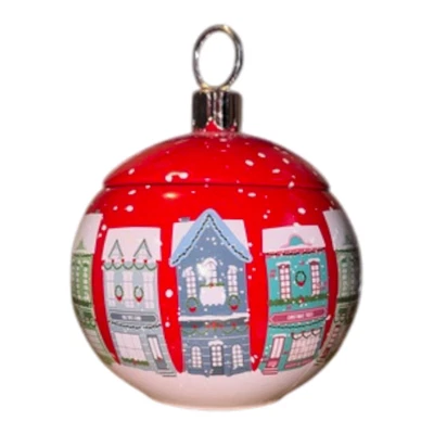 Teleflora Christmas Ornament Candy Dish Red Ceramic Holiday Jar Village Scene