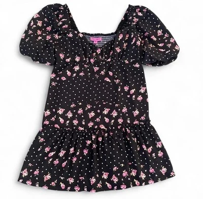 Mini Vestido Betsey Johnson Floral Lunares Manga Abullonada Lechera Negro Talla Med Foto 1 de 4