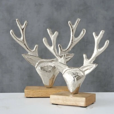2er Set Dekoaufsteller Geweih auf Holzsockel *Hirsch* Jagd  Alu silber 18x19 cm - Bild 1 von 4