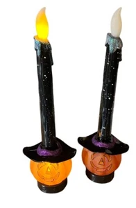 SET OF 2 LIGHTED FLICKERING HALLOWEEN PUMPKIN CANDLE LIGHTS BATTERY - Picture 1 of 4