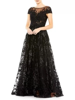 Vestido Mac Duggal Negro Manga Gorra Bordado Cuentas Línea A Talla 12 $798 Foto 1 de 3