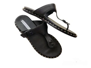 Saks Fifth Avenue Studded Flat Sandals Black Leather Thong Toe Sandals NEW 8 M - Picture 1 of 9