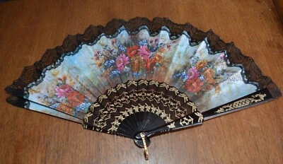 VTG Hand Held Fan Floral Scene Gold on Black Plastic 18" Victorian Lace - Image 1 of 4