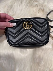 Authentic Gucci GG Marmont Matelassé Mini Bag Black Leather Crossbody Handbag
