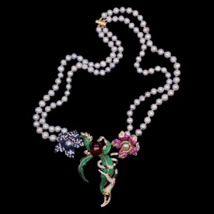 2 Strands Gray Pearl Necklace Big Cz Pave Flower Pendant Statement Necklaces - Picture 1 of 6