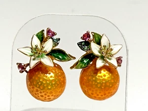 Sterling Silver 925 Earrings Jewellery Gold on Silver Enamel CZ Oranges Flowers - Picture 1 of 19