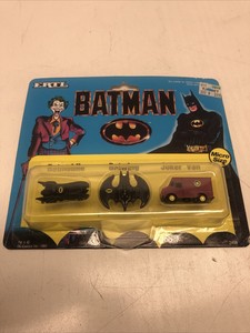 1989 Vintage Batman Ertl Diecast Vehicle Set - Joker Van, Batmobile, Batwing NIB